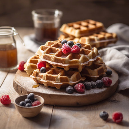 stack of Belgian waffles with syrup, for breakfastの素材
