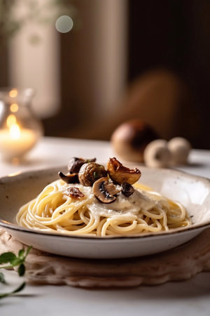 pasta with cream sauce and mushroomsの素材