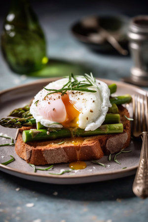 breakfast poached egg on fresh brioche breadの素材