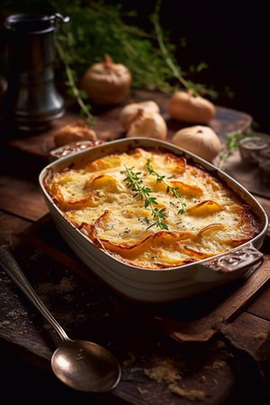traditional potato gratin in a baking dishの素材