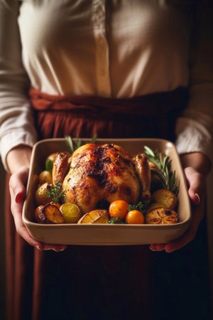 baked chicken with vegetables in a baking dishの素材