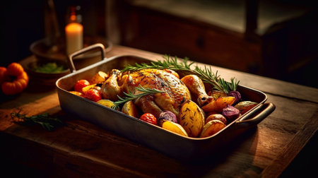 baked chicken with vegetables in a baking dishの素材