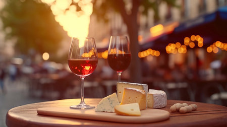 glass of  wine and cheese plate on a cafe table evening streetの素材