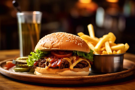 sloppy joe burger with french fries on a plateの素材