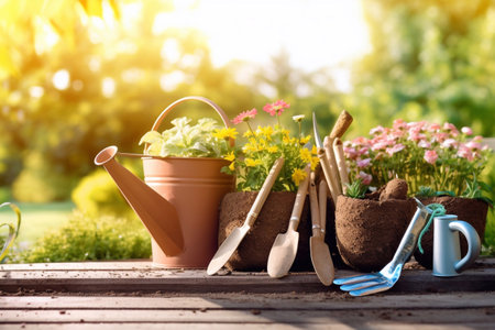 Set Of Tools For Gardener And Flower Pots In Sunny Gardenの素材