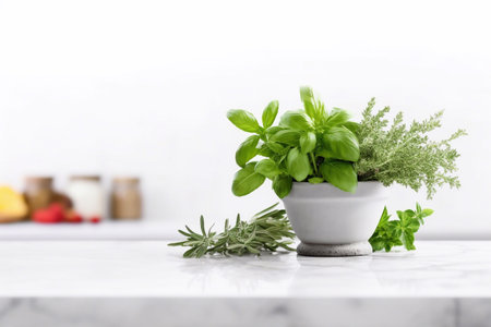 Bunch of aromatic herbs in mortar on marble kitchen tableの素材