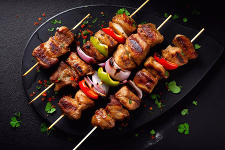 Grilled meat skewers shish kebab, top viewの素材