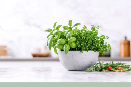 Bunch of aromatic herbs in mortar on marble kitchen tableの素材