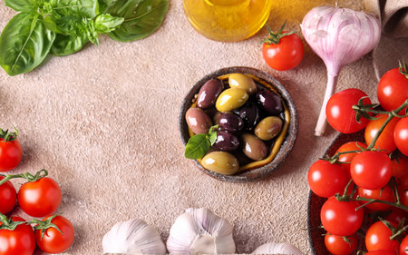 italian food background basil tomatoes garlicの写真素材