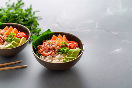 Poke bowl with raw salmon fish, chuka salad and riceの素材