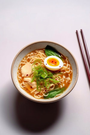 Japanese ramen soup with chicken, egg, chives and sproutの素材