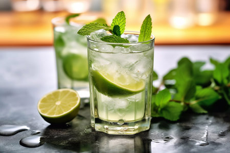 mint lime refreshing cocktail mojito with rum and ice in glassの素材