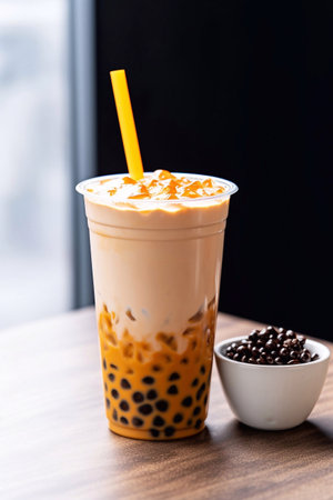 Taiwan milk tea with bubble on top of a white marble countertop in cafeの素材