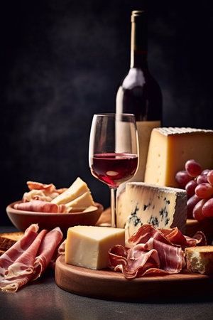 Red wine ,cheese and prosciutto product shotの素材