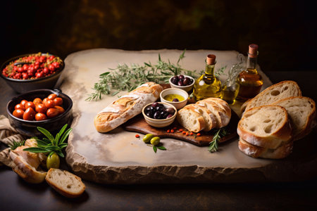 Italian food with olives, sliced bread ciabatta and olive oilの素材