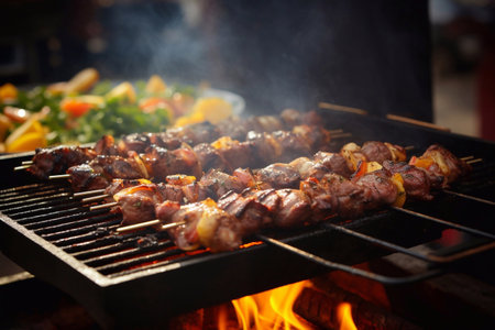 delicious bbq kebab grilling on open grillの素材