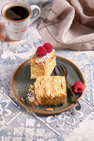 layer cake Napoleon dessert and coffee