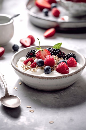 healthy breakfast yogurt with fresh berriesの素材