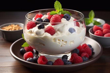 healthy breakfast yogurt with fresh berriesの素材