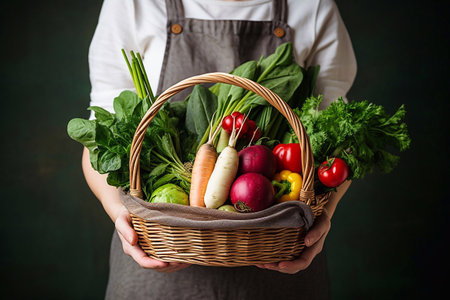 Woman farmer holding basket of fresh vegetables and greens product shotの素材