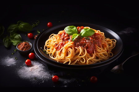 Dark plate with italian spaghetti on darkの素材