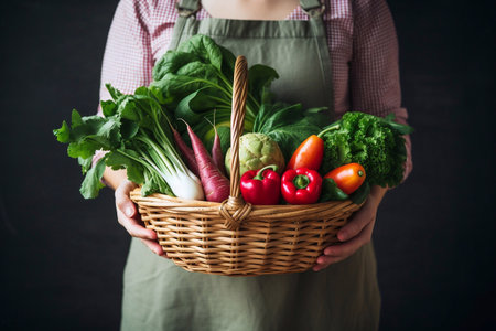 Woman farmer holding basket of fresh vegetables and greens product shotの素材