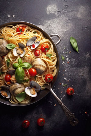 Pasta spaghetti alle vongole seafood pasta with clams in frying cooking panの素材