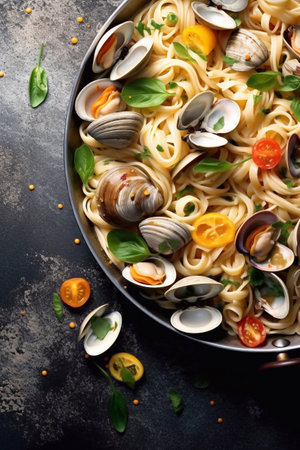 Pasta spaghetti alle vongole seafood pasta with clams in frying cooking panの素材