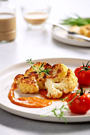 Cauliflower steak with pepper sauce on plateの素材