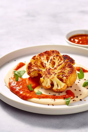 Cauliflower steak with pepper sauce on plateの素材