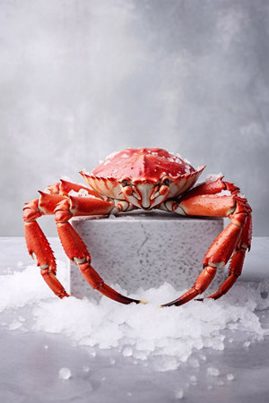 Red king crab on top of a white marble countertopの素材