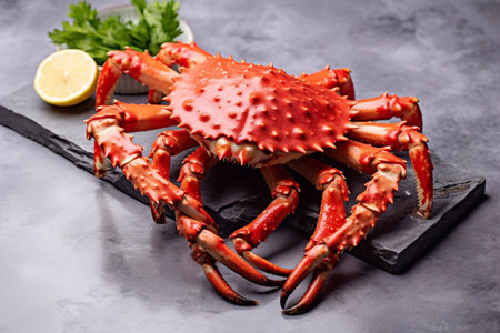 Red king crab on top of a white marble countertopの素材