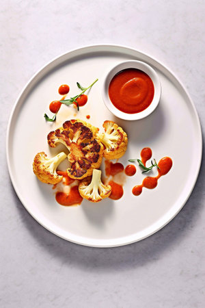 Cauliflower steak with pepper sauce on plateの素材