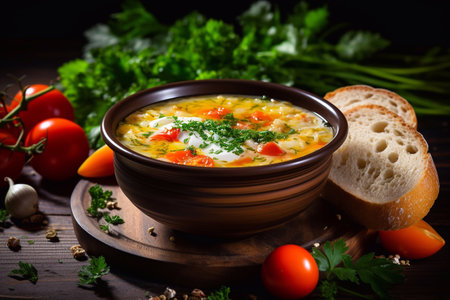 traditional russian cuisine soup rassolnik on wooden background