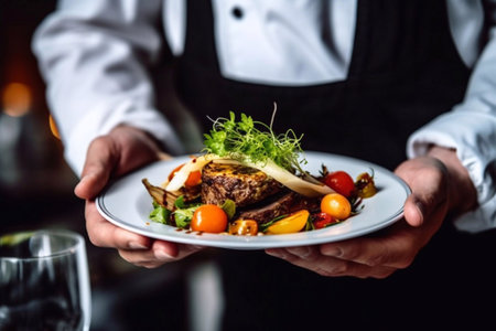 the chef serves the dish on a white plate, the modern serving of the dishの素材