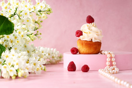 feminine pink still life with cupcake and flowersの写真素材