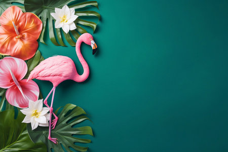 Pink flamingo, tropical leaf monstera and orchid flowers on green backgroundの素材