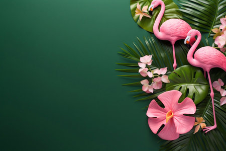 Pink flamingo, tropical leaf monstera and orchid flowers on green backgroundの素材