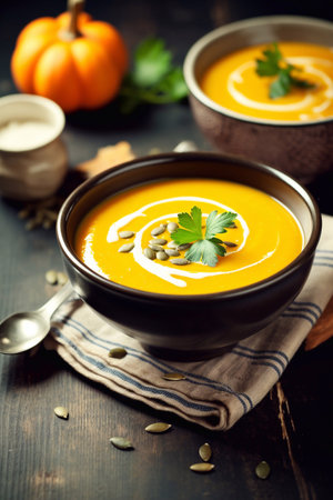Pumpkin soup in a bowl autumn soup, thanksgivingの素材