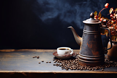 Old coffee pot, coffee composition on a wooden tableの素材