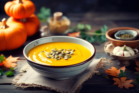 Pumpkin soup in a bowl autumn soup, thanksgiving