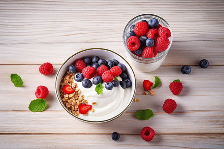 White plain greek yogurt with fresh berries and granolaの素材