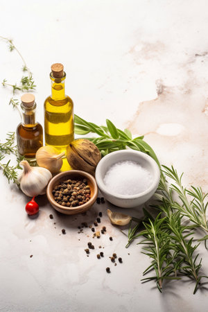 Spices, herbs and olive oil food on top of a white marble countertopの素材