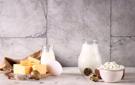 assorted dairy product cottage cheese, cheese, milkの写真素材
