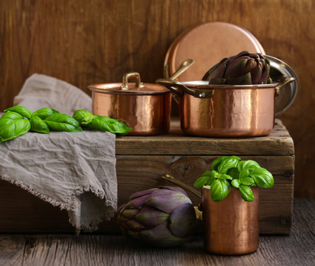 copper cookware saucepan ladle frying pan rustic styleの写真素材