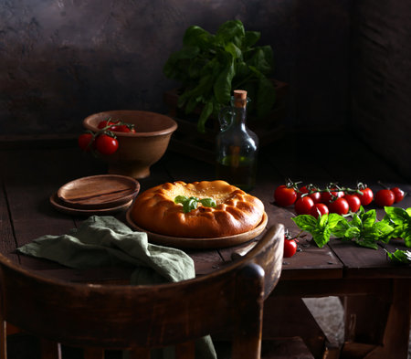 homemade pie on a wooden table, rustic styleの写真素材