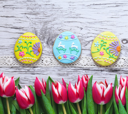 Easter still life with flowers and eggs