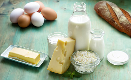 assortment of dairy products and eggs on a wooden tableの写真素材