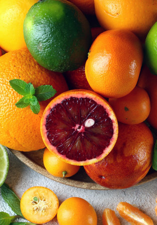 natural organic citrus fruit on a wooden plateの写真素材