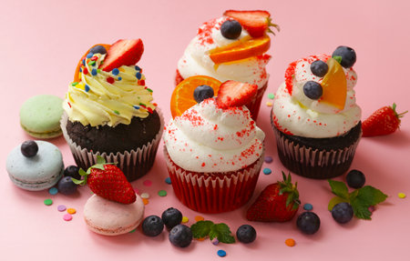 assorted cupcakes with cream and berries for dessertの写真素材